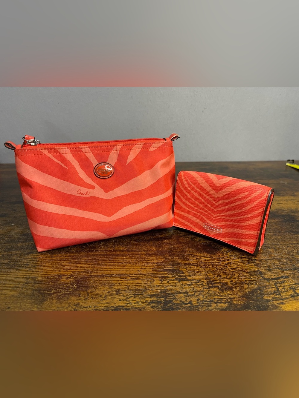 COACH Nylon Travel Bag And Wallet Zebra Print Orange Coral Lot